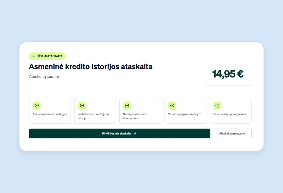 „Mano Creditinfo“ užsakymo langas su asmenine kredito istorijos ataskaita ir kaina 14,95 €